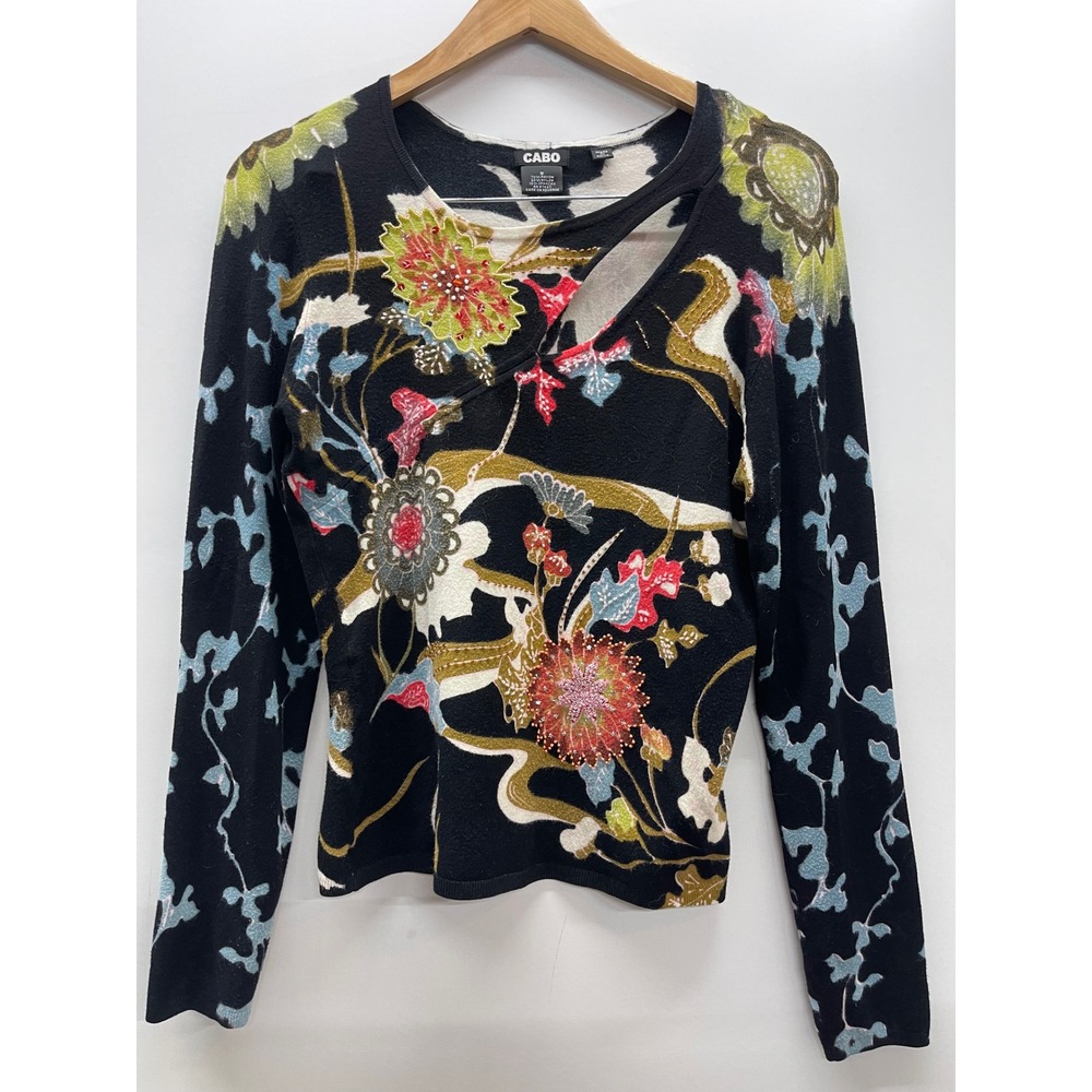 Cabo Floral‎ Beaded Cutout Neckline Long Sleeve Knit Top Black Medium